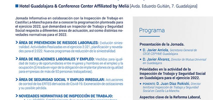 CEOE-CEPYME Guadalajara organiza una jornada sobre la programaci�n de la inspecci�n de trabajo para el a�o 2022 y los aspectos clave de la reforma laboral