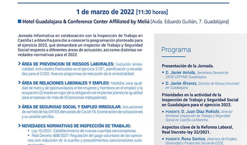 CEOE-CEPYME Guadalajara organiza una jornada sobre la programaci�n de la inspecci�n de trabajo para el a�o 2022 y los aspectos clave de la reforma laboral