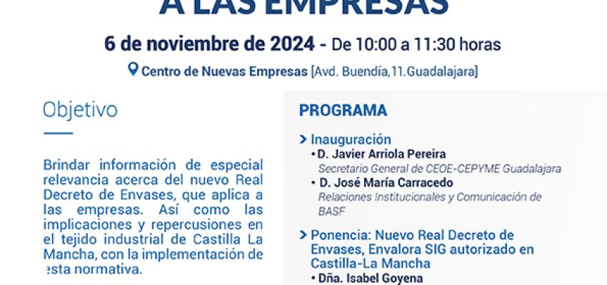 El departamento de Medio Ambiente de CEOE-CEPYME Guadalajara celebrar� una jornada basada en el nuevo Real Decreto de envases y su aplicaci�n a las empresas