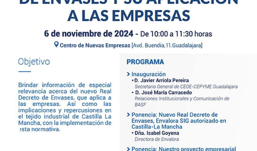 El departamento de Medio Ambiente de CEOE-CEPYME Guadalajara celebrar� una jornada basada en el nuevo Real Decreto de envases y su aplicaci�n a las empresas