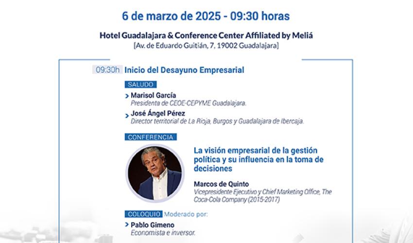 Marcos de Quinto, protagonista en un nuevo desayuno empresarial de CEOE-CEPYME Guadalajara