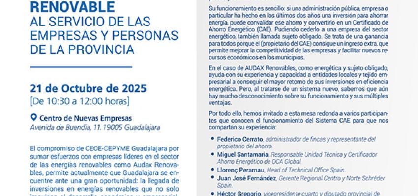 CEOE-CEPYME Guadalajara y Audax Renovables organizan una jornada para hablar de la transici�n energ�tica en la provincia