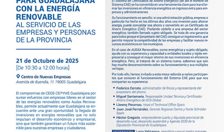 CEOE-CEPYME Guadalajara y Audax Renovables organizan una jornada para hablar de la transici�n energ�tica en la provincia